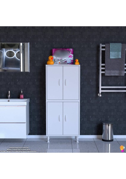 Ohbe 65X138X32,5 cm Ekstra Düzen Için Kullanışlı 4 Kapak 4 Bölmeli Banyo Mutfak Dolabı
