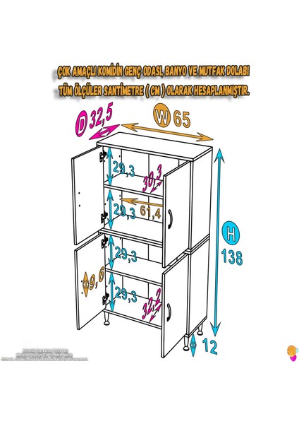 Ohbe 65X138X32,5 cm Ekstra Düzen Için Kullanışlı 4 Kapak 4 Bölmeli Banyo Mutfak Dolabı