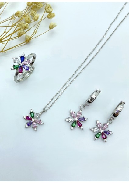 Yazın Rengi Rengarenk 925 Ayar Gümüş Lotus Set ( Kolye , Yüzük , Küpe )