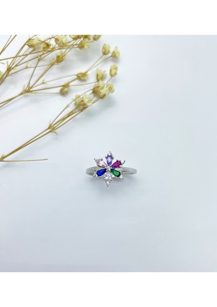 Yazın Rengi Rengarenk 925 Ayar Gümüş Lotus Set ( Kolye , Yüzük , Küpe )