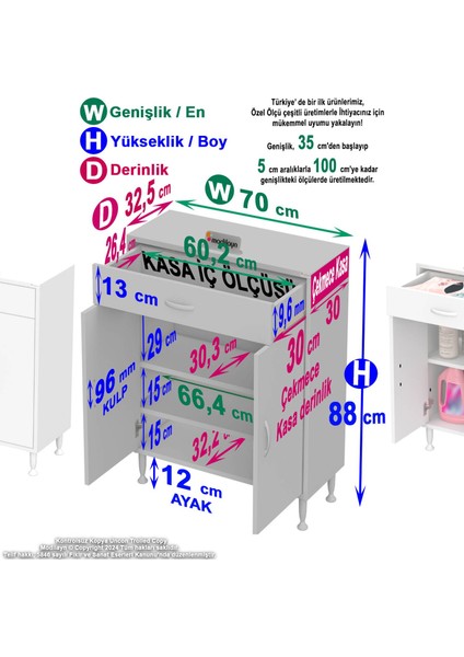 70 x 88 x 32,5 Cm’lik 1 Çekmece 1 Kapak 2 Raf 3 Gözlü,organizatör Mutfak Dolabı Çok Amaçlı Dolap fiyatları