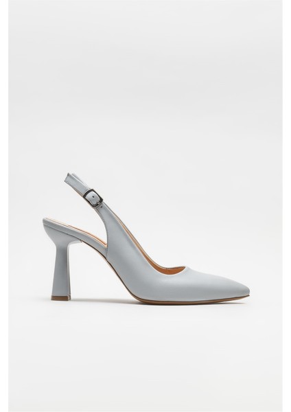 Gri Deri Kadın Topuklu Ayakkabı