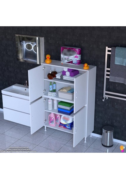 Ohbe 90X138X32,5 cm Ekstra Düzen Için Kullanışlı 4 Kapak 4 Bölmeli Banyo Mutfak Dolabı