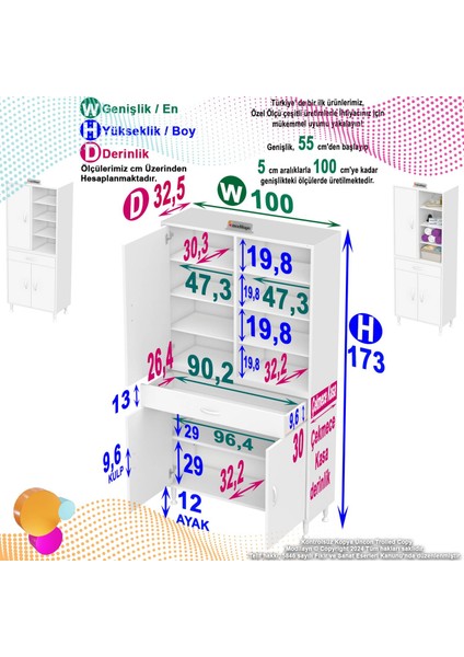 100 x 173 x 32,5 Cm’lik 1 Çekmece 3 Kapak 7 Raf 10 Gözlü,organizatör Mutfak Dolabı Çok Amaçlı Dolap fiyatları