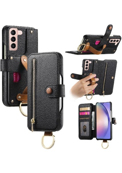Samsung Galaxy S21 Cüzdan Standı Bileklik Crad Yuvası Fermuar Için Flip Case (Yurt Dışından)