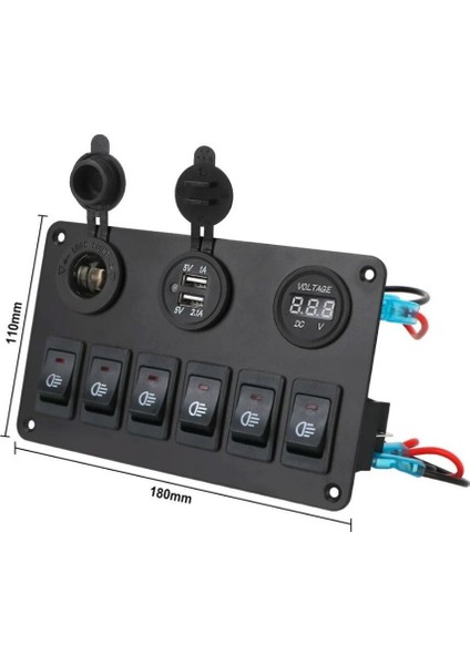 6lı On-Off Mavi Işıklı Anahtar Switch Panel 2X5V USB Çakmaklık ve Voltaj Göstergeli modelleri