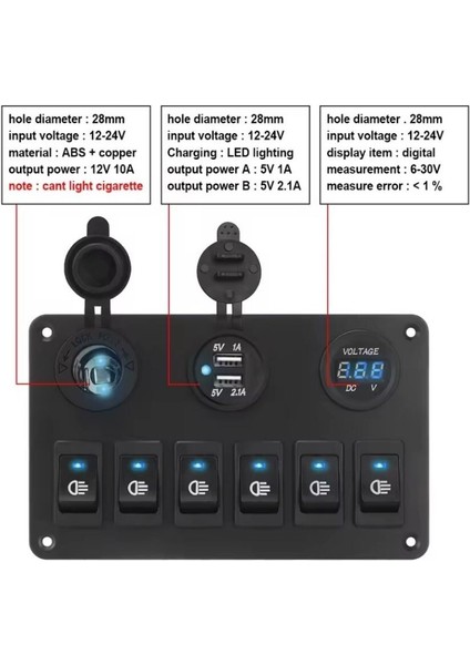 6lı On-Off Mavi Işıklı Anahtar Switch Panel 2X5V USB Çakmaklık ve Voltaj Göstergeli indirimleri