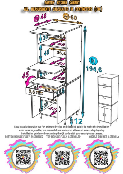Ennet: 60X194.6X48 Cm. Ekmeklikli Kiler Dolabı. 1 Çekmece, 5 Kapaklı. Mutfağınıza Özel indirimleri