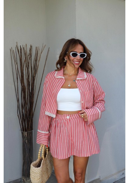 Somon Çizgili Gömlek Şort Takım