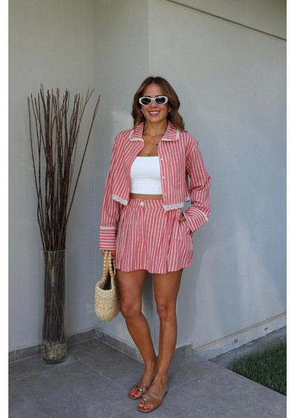 Somon Çizgili Gömlek Şort Takım fiyatları