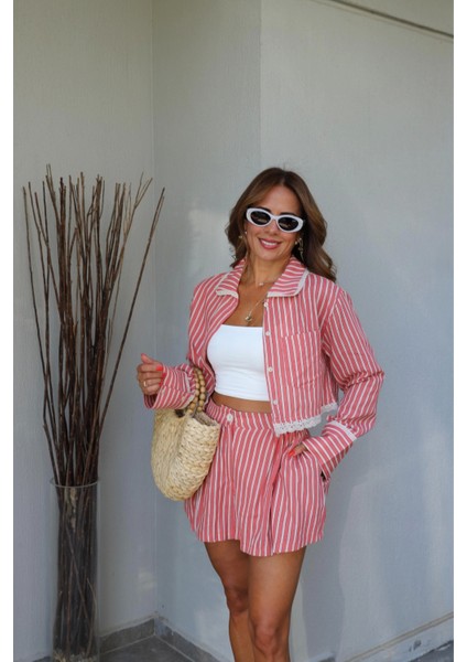 Somon Çizgili Gömlek Şort Takım modelleri