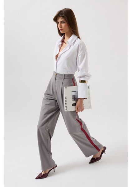 Şerit Detay Palazzo Gri Pantolon