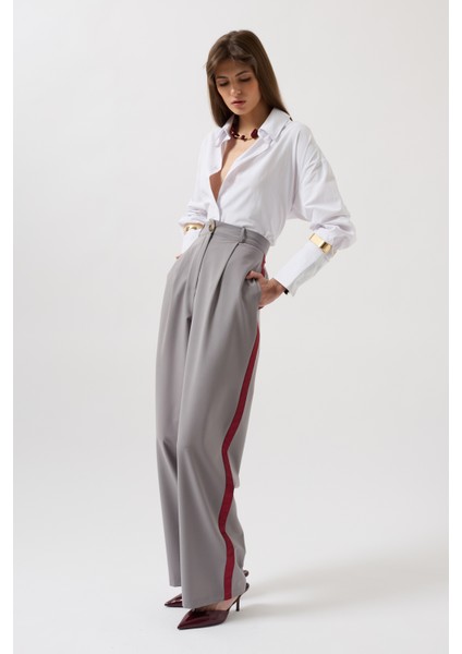 Şerit Detay Palazzo Gri Pantolon modelleri