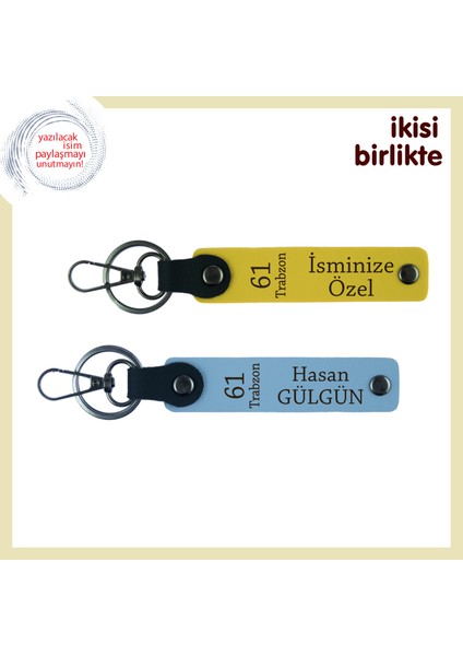 61 Trabzon Yazılı Anlamlı Tasarımlı Deri Anahtarlıklar, Isminiz Yazılı X2'li Set, Sarı-Gök Mavi