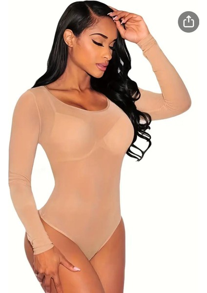 Bodysuit ,uzun Kollu ve Yuvarlak Yaka , Şeffaf, Ağlı Bodysuit, Kadın Iç Giyim, Body Giyim