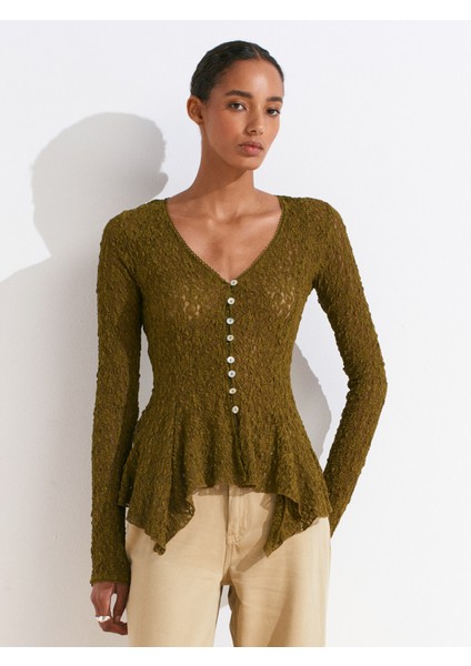 60433 Düğmeli Peplum Dantel Hırka-Koyu Yeşil