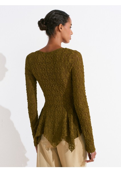 60433 Düğmeli Peplum Dantel Hırka-Koyu Yeşil