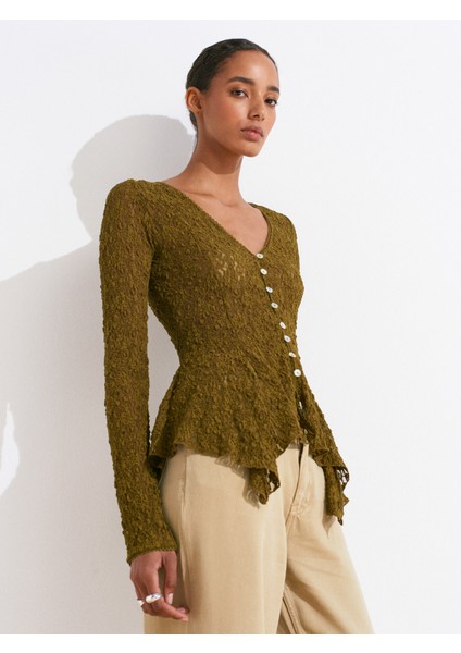 60433 Düğmeli Peplum Dantel Hırka-Koyu Yeşil