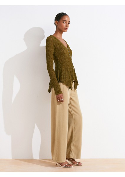 60433 Düğmeli Peplum Dantel Hırka-Koyu Yeşil