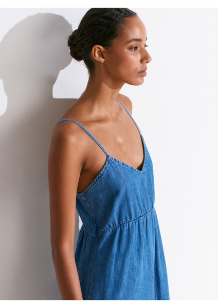 90566 Parçalı Uzun Denim Elbise-Mavi