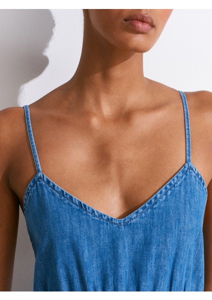 90566 Parçalı Uzun Denim Elbise-Mavi