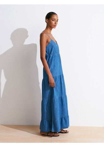 90566 Parçalı Uzun Denim Elbise-Mavi