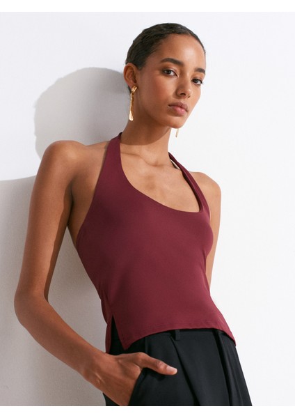 31753 Halter Yaka Top-Bordo