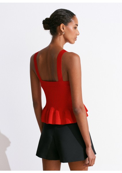 10775 Kare Yaka Askılı Fırfırlı Triko Bluz-Kırmızı fiyatları