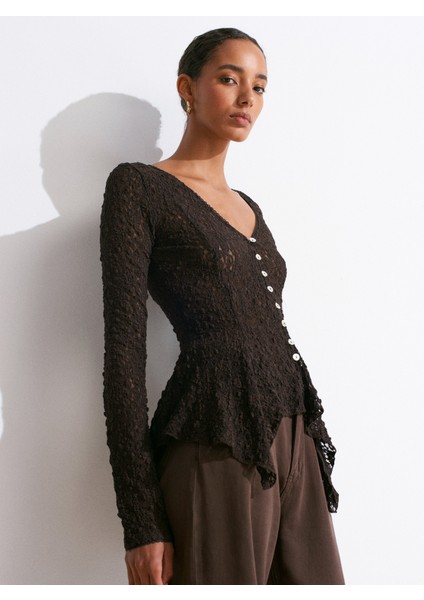 60433 Düğmeli Peplum Dantel Hırka-Koyu Kahve