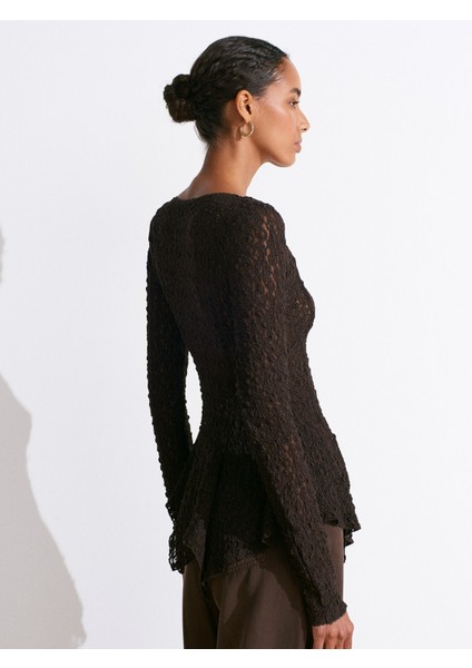60433 Düğmeli Peplum Dantel Hırka-Koyu Kahve