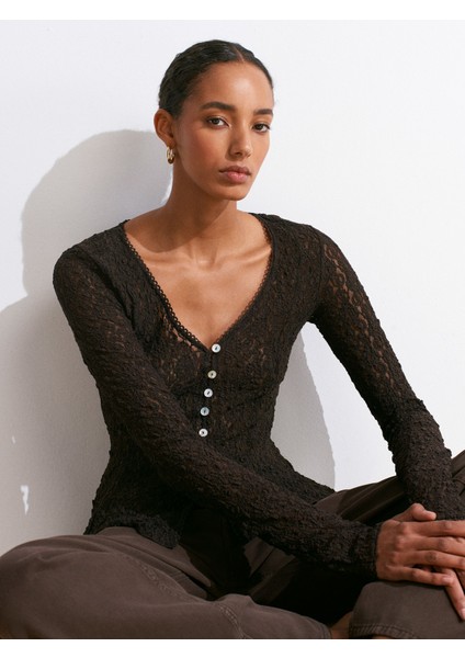 60433 Düğmeli Peplum Dantel Hırka-Koyu Kahve