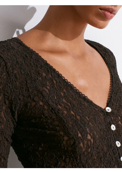 60433 Düğmeli Peplum Dantel Hırka-Koyu Kahve