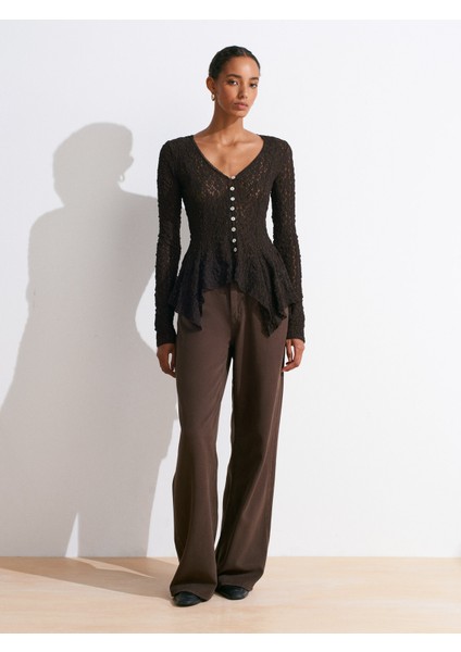 60433 Düğmeli Peplum Dantel Hırka-Koyu Kahve