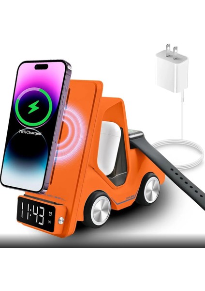 T20 15W Dijital Saatli Forklift Şekli 5in1 Masaüstü Kablosuz Magsafe Şarj Standı