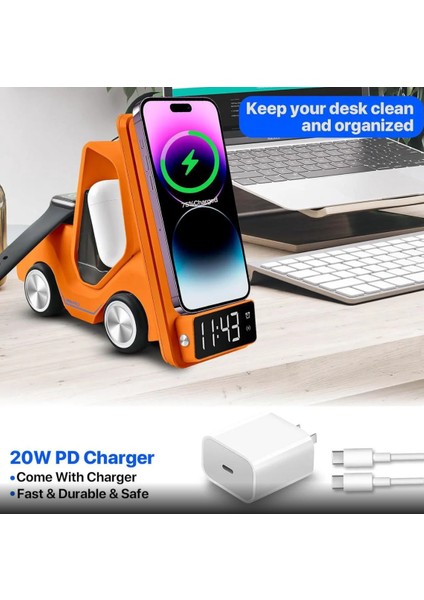 T20 15W Dijital Saatli Forklift Şekli 5in1 Masaüstü Kablosuz Magsafe Şarj Standı fiyatları