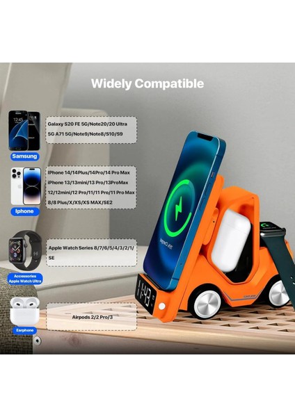 T20 15W Dijital Saatli Forklift Şekli 5in1 Masaüstü Kablosuz Magsafe Şarj Standı fırsatları