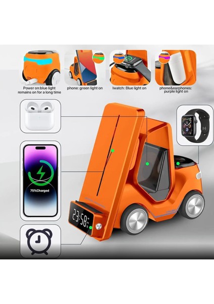 T20 15W Dijital Saatli Forklift Şekli 5in1 Masaüstü Kablosuz Magsafe Şarj Standı indirimleri