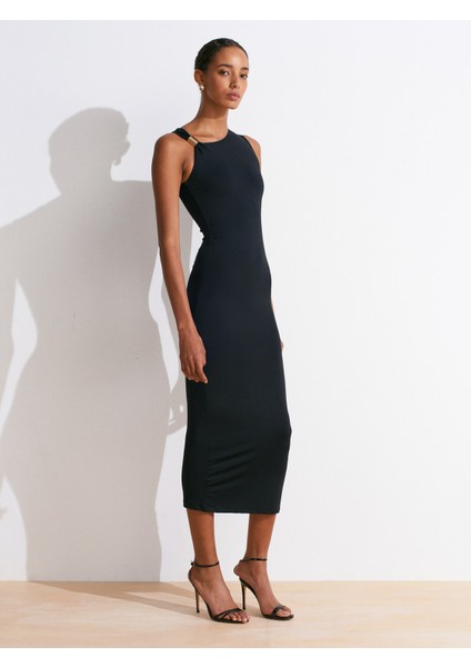 91493 Aksesuar Detaylı Asimetrik Elbise-Siyah modelleri