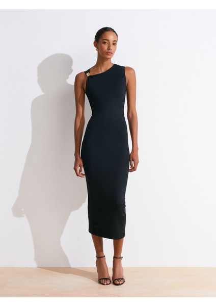 91493 Aksesuar Detaylı Asimetrik Elbise-Siyah indirimleri