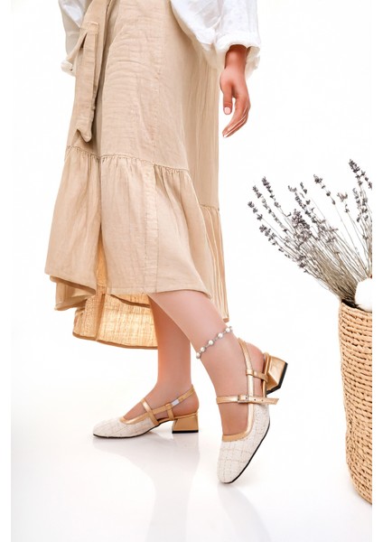 BA04584 Gold Ten Kadın Kemer Lastikli Kare Burun 3 cm Topuklu Ayakkabı - 37