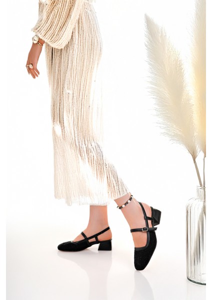 BA04584 Siyah Kadın Kemer Lastikli Kare Burun 3 cm Topuklu Ayakkabı - 40