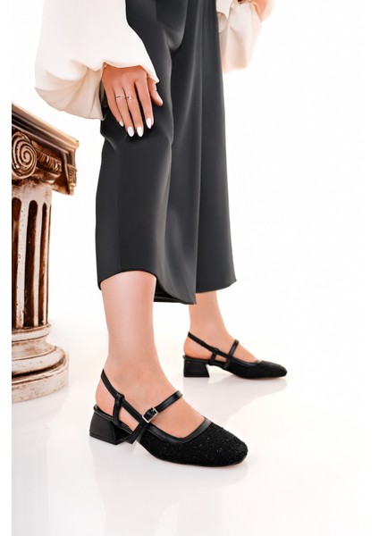 BA04584 Siyah Kadın Kemer Lastikli Kare Burun 3 cm Topuklu Ayakkabı - 40 fiyatları