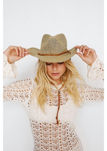 Kadın Kovboy Stili Hasır Seyahat Tatil Plaj Şapkası