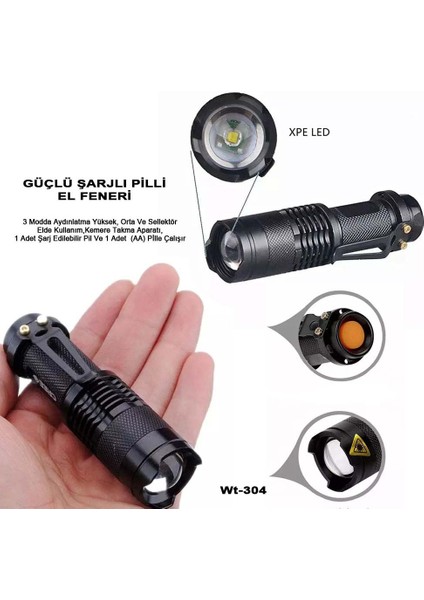 Mini Güçlü Şarjlı Pilli El Feneri Watton WT-304