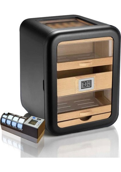 Skylight Camlı 5 Çekmeceli Puro Kutusu Siyah 80's Cigarspa Elektronik Nemlendirme