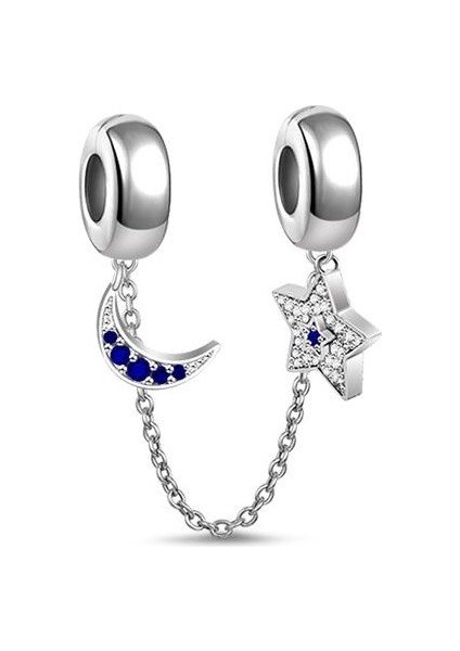 "Yıldızlı Gece" Işıltılı Ay ve Yıldız Temalı Güvenlik Zinciri, 925 Ayar Gümüş