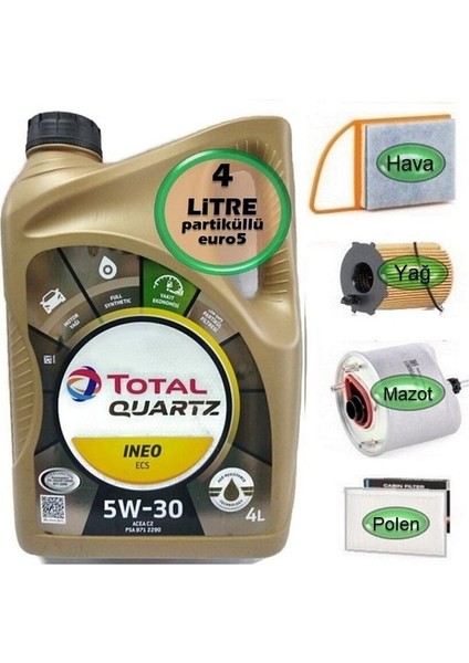 5W30 Partikül Yağ + Filtre Ful Set Peugeot 301 1.6 Dizel