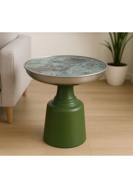 Verde Lux Modern Tasarım Yeşil Gövdeli Krom Kaplama Mermer Desenli Yan Sehpa