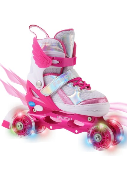 Melek Kanatlı Işıklı Çocuk Pateni Silikon Teker Ayarlanabilir Paten Taşıma Çantalı Fuşya