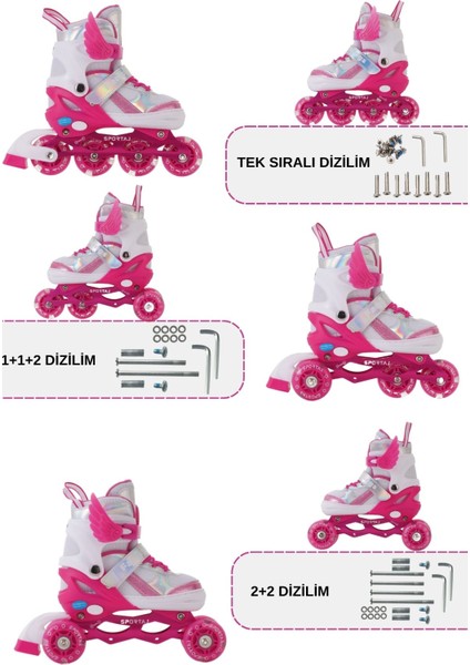 Melek Kanatlı Işıklı Çocuk Pateni Silikon Teker Ayarlanabilir Paten Taşıma Çantalı Fuşya modelleri